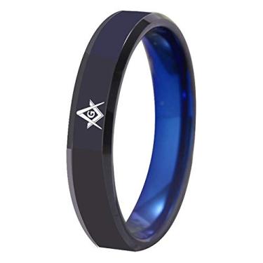 Imagem de Anel maçônico maçônico/bússola maçônica - 4 mm/6 mm acabamento chanfrado preto polido e azul dentro de carboneto de tungstênio gravação personalizada sem anel, Metal, não