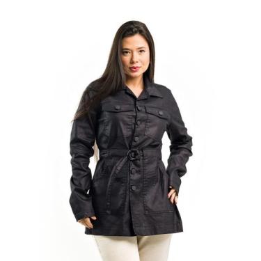 Imagem de Jaqueta Parka Jeans Resinada Feminina Tipo Couro Casaco Sobretudo Inve