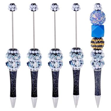 Imagem de Spritewelry 5 canetas com contas de flor de pérola, 5 peças, canetas de contas brilhantes de flores rosas chiques, faça você mesmo, caneta esferográfica de tinta preta de plástico para decoração de