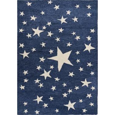 Imagem de Tapete de lã estrelado adornado à mão para crianças | Design de noite estrelada, tapete macio, durável e grosso | Perfeito para sala de estar, quarto de crianças, quarto e cozinha (azul marinho, 9,5 x