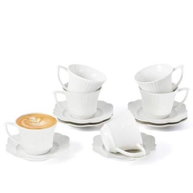 Imagem de Conjunto de 12 peças de xícara de chá e pires de 200 ml, xícara de café latte americano cappuccino com pires, conjunto de 6 xícaras de café expresso, xícaras de chá em relevo de porcelana nova, para