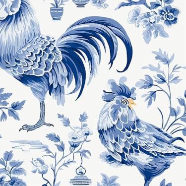 Imagem de Yzogbry Papel de parede vintage azul branco galo flores descascar e colar decoração de parede autoadesivo papel de parede adesivo fácil de retirar contato para locatário apartamento