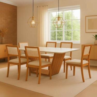 Imagem de Mesa Jantar Safira 160x90 Off White com 6 Cadeiras Palha em Linho Bege