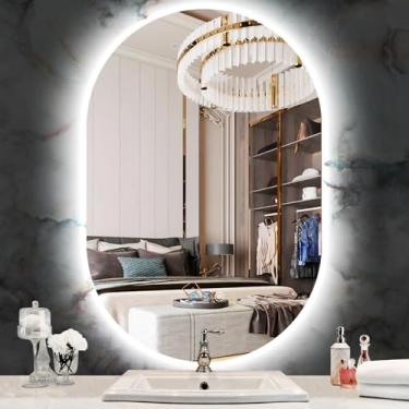Imagem de THEKLA Espelho retroiluminado de LED oval de 61 x 91 cm para banheiro, salão de beleza, parede, montagem vertical/horizontal, sem moldura, retroiluminação 36, espelho oval iluminado com luzes, memória