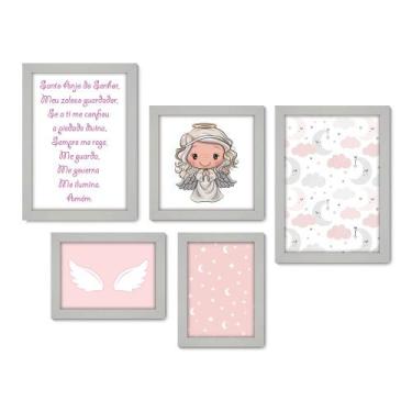 Imagem de Kit Com 5 Quadros Decorativos - Santo Anjo - Infantil - Menina - Baby 