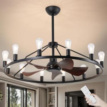 Imagem de Miuyhji Ventilador de teto de roda 111 cm grande, ventiladores de teto industriais com luzes e controle remoto, ventiladores de lustre vintage com 12 luzes de vela, lustre de roda de vagão com