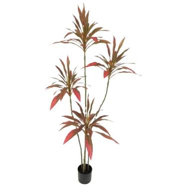 Imagem de Planta Cordyline artificial, vaso de interior, 4 hastes com vaso preto, adequado para decorações grandes de sala de estar, vasos de plantas e cenas de exibição de janela (vermelho - 1,6 m)