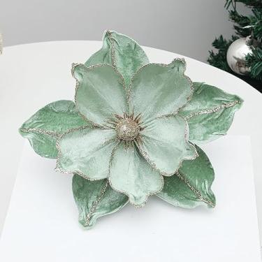 Imagem de 6 peças de enfeite de árvore de magnólia de Natal com purpurina, flores artificiais de poinsétia de 22 cm, flores de magnólia com haste para árvore de Natal, Natal, faça você mesmo, guirlanda para