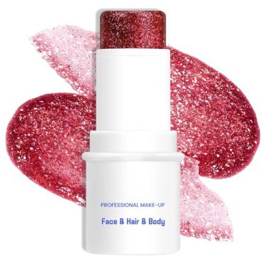 Imagem de LOKFAR Bastão de maquiagem com glitter vermelho para corpo e rosto, gel multiuso à prova d'água com glitter para rosto, corpo e lábios, bastão de tinta de lantejoulas holográficas, acessórios de