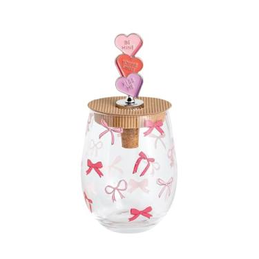 Imagem de Mud Pie Conjunto de taça e rolha de vinho com estampa de laço de dia dos namorados