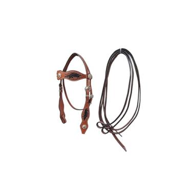 Imagem de LEATHERRIDE Conjunto de acessórios de cabeça e rédeas de cavalo de couro ocidental, ferramentas antigas naturais, troca rápida de pontas ajustáveis e rédeas de tamanho livre para cavalos (preto e