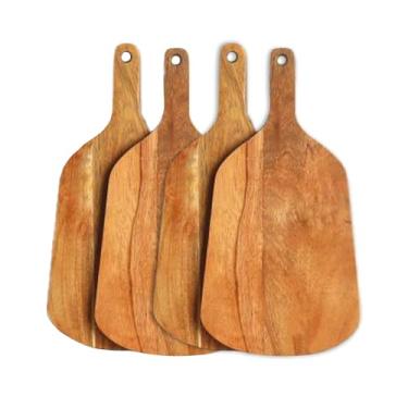 Imagem de IHI est. 1986 Tábua de cortar ou bandeja de servir para aperitivos de charcutaria, 14 x 26 cm, madeira de acácia, raquete de grão natural com alça, conjunto de 4