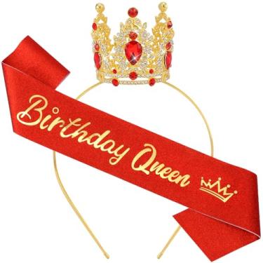Imagem de Birthday Queen Sash for Women Tiara & Crowns Headbands for Girls Happy Birthday Party Accessories Favor Supllies Leona Gold Red Pink, 2 Pack