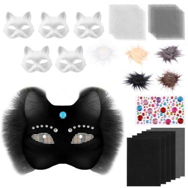 Imagem de DJAPWPX Kit de máscara de gato de papel, aumenta a diversão, kit de máscara faça você mesmo, estimula a criatividade de gato atraente para festas temáticas (preto)