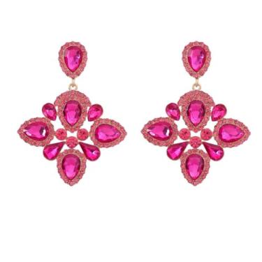 Imagem de Brinco Festa Datas Especiais Formatura Rosa Pink Zircônia Strass Luxo Flor Grande - Brinco Madrinha Casamento Pedras Brilho Maxi Gota - Mãe Presente Noiva Namorada Amor Pêndulo Moderno Folha