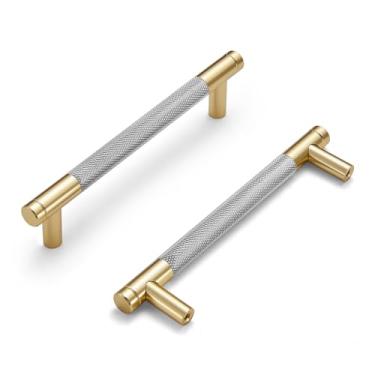 Imagem de Dazzleeta Pacote com 10 puxadores de armário dourados e níquel, 3 3/4 polegadas, puxadores redondos para armário de cozinha com padrão serrilhado