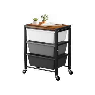 Imagem de Carrinho de rodinhas com 3 gavetas, carrinhos de armazenamento de gaveta de plástico com rodas bloqueáveis e mesa de madeira, organizador de carrinho utilitário de metal, organização e armazenamento
