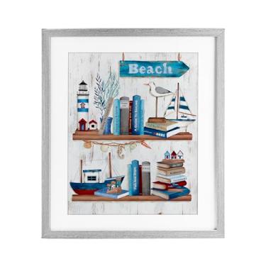 Imagem de Stupell Industries Nautical Books on Shelf Impressão emoldurada cinza sob vidro, design de Emma Leach, 40,6 x 33,5 cm