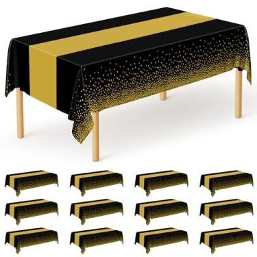 Imagem de QZYL Pacote com 12 toalhas de mesa de plástico descartáveis, 137 x 274 cm, à prova d'água, pretas com pontos dourados, toalha de mesa para uso ao ar livre, capa de toalha de mesa para decoração de