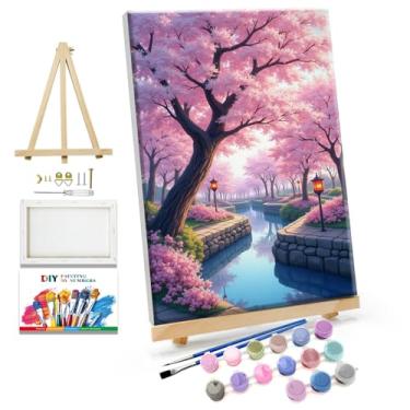 Imagem de JOOZ Kit de pintura de flor de cerejeira por números para adultos, pintura de lago emoldurada por número com cavalete faça você mesmo, pintura a óleo Sakura por números, kits de pintura por números em