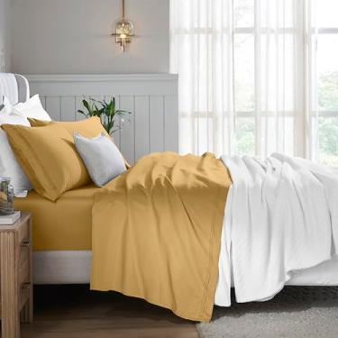 Imagem de Superior Jogo de lençol de algodão egípcio com 4 peças, 650 fios, design moderno, lençóis sustentáveis, básicos ultramacios, liso, lençol com elástico alto, lençol de cima, fronhas, casal, açúcar de