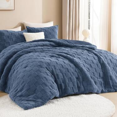 Imagem de Litanika Conjunto de edredom King Size fofo azul oceano, 3 peças de lã de ovelha quente, conjunto de cama felpuda de jacquard xadrez (1 edredom, 2 fronhas)