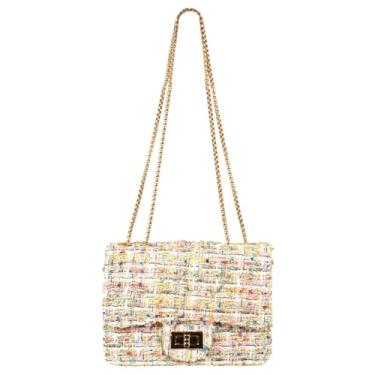 Imagem de TXMAQQ Bolsa feminina quadrada xadrez de tweed, bolsa de ombro moderna de grande capacidade, bolsa de mão com corrente cruzada, bolsa de mão, Branco-05