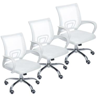 Imagem de Kit 3 Cadeiras De Escritório Mesh Assento Estofado Base Giratória 9050 - Branca