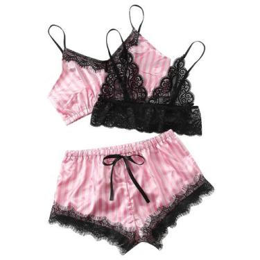 Imagem de 3pcs terno sexy feminino laço listra arco lingerie cueca roupa interio