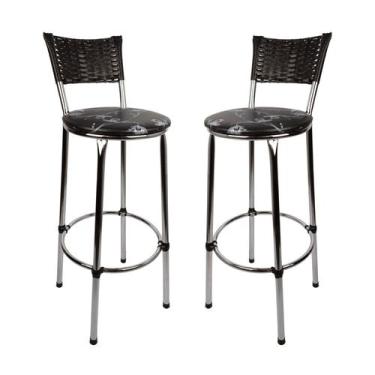 Imagem de KIT 2 Banquetas Alta Cromada Junco PRETO Cozinha Balcão Bancada - ESPA