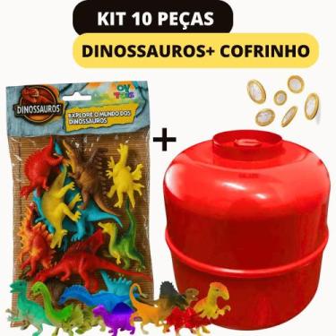 Imagem de Kit Com 9 Dinossauros Miniaturas E 1 Cofre Para Moedas Cores Para Cria