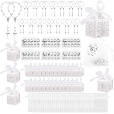 Imagem de UKQRRTC Conjuntos de batismo de terços de 120 peças, rosário de plástico, incluindo mini rosário, caixas de lembrancinhas de cruz, sacos de presente de organza e etiquetas Kraft de agradecimento