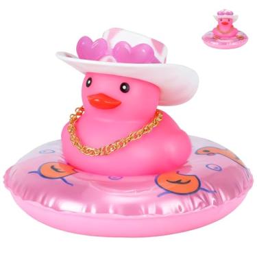 Imagem de Decoração de carro de pato de borracha com chapéu de cowboy rosa e anel de maiô, acessórios de painel de pato de Jeep DIY - Ornamento engraçado de pato para carro, caminhão, SUV (conjunto de 1 peça de
