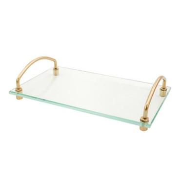 Imagem de Bandeja Decorativa De Vidro Organizadora Bancada Alças Dourada Casa Co