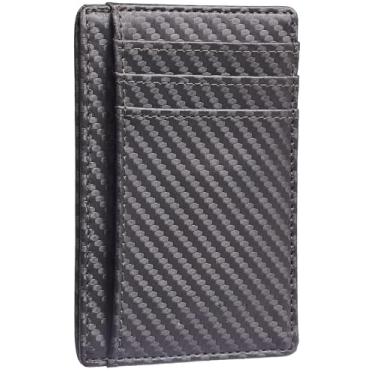 Imagem de Carteira fina minimalista de couro com bolso frontal, bloqueio RFID, fibra de carbono, Cinza, Minimalista