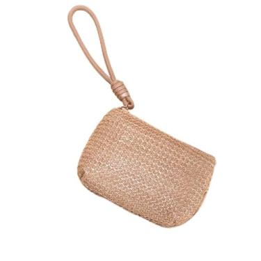 Imagem de Bolsa feminina de palha de tecido – pequena bolsa de moedas e porta-cartão, carteira boho chique para dinheiro e cartões., Caqui