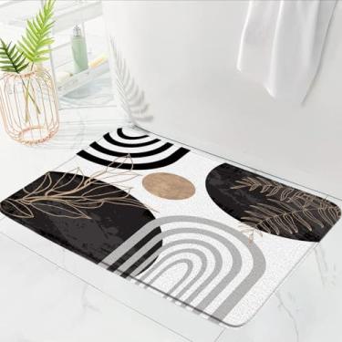 Imagem de AEMBEE Boho Meados do Século Tapete de Banho Preto Branco Moern Minimalista Folhas Arco Abstrato Retro Tapete de Banheiro Tapete de Espuma de Memória, 17,8 x 29,5 polegadas