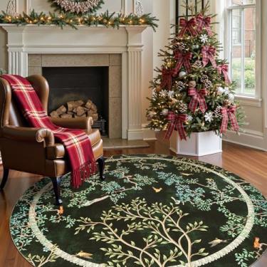 Imagem de jinchan Tapetes redondos com estampa de pássaros botânicos verde musgo de 1,8 m, lavável na máquina, círculo, plantas naturais, modernos, macios, antiderrapantes, tapetes de área para crianças