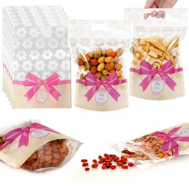 Imagem de Sacos de brindes, 100 peças, sacos de presente resseláveis para pequenas empresas, bolsas de biscoito ziplock de plástico com alças para festa de aniversário de lanche de doces
