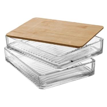 Imagem de Porta Frios Duplo em Vidro Grande Luxo Queijo Presunto Mesa Posta Cristal Transparente Tampa de Bambu Requintado