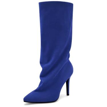 Imagem de Perisis Botas femininas despojadas cano médio pretas longas de puxar salto agulha bico fino botas de tubarão para mulheres sexy moda, Camurça azul royal, 39