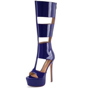 Imagem de Perisis Sandálias gladiadoras plataforma até o joelho para mulheres sexy aberto peep toe salto alto stiletto moda verão vestido festa dança botas com zíper, Patente azul real, 42