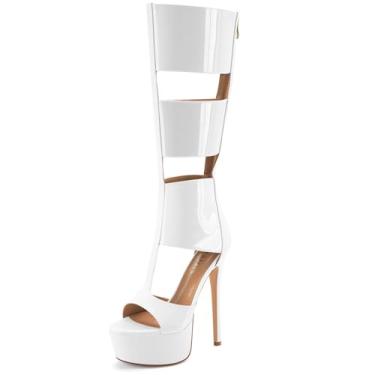 Imagem de Perisis Sandálias gladiadoras plataforma até o joelho para mulheres sexy aberto peep toe salto alto stiletto moda verão vestido festa dança botas com zíper, Patente branca, 42