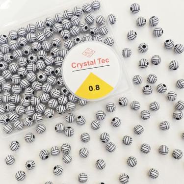 Imagem de 100 contas de bola de vôlei a granel, contas esportivas de vôlei brancas acrílicas DIY conta espaçadora redonda com corda elástica para colar, pulseira, chaveiros, acessórios para fabricação de joias