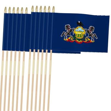 Imagem de KimSouthD 12 peças de bandeira da Pensilvânia de 20 x 30,5 cm bandeiras do estado PA em bastão para fora, bandeira de 88 cm com mastro multiuso portátil e aterrado, bordas com bainha, madeira de 1,6