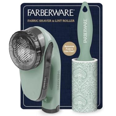 Imagem de Farberware Conjunto grande de removedor de fiapos e barbeador de tecido – barbeador de suéter alimentado por bateria com lâminas triplas e rolo extra pegajoso para pelos de animais de estimação
