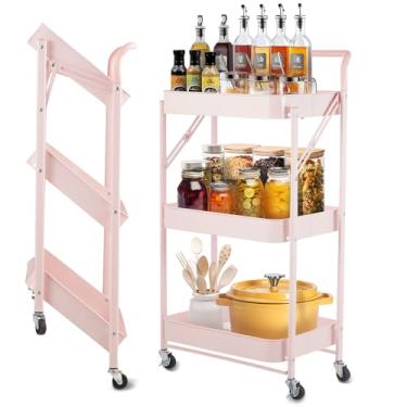 Imagem de Prateleira de armazenamento dobrável rosa de 3 andares, prateleira portátil para armário com rodas removíveis de 360° para cozinha/sala de estar/banheiro/lavanderia/despensa/garagem/(capacidade máxima