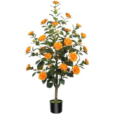 Imagem de HanJoy Camélias artificiais com 36 flores em vasos de cimento – árvores falsas realistas para varanda, casa, decoração de primavera interna e externa, escritório ou presentes de inauguração de casa