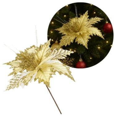 Imagem de Master Christmas - Pick Natalino Flor Bico de Papagaio Dourado Borda Glitter Luxo 25cm x 16cm