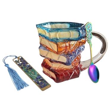 Imagem de Frstem Caneca de livro pintada em 3D, caneca de café feita à mão com marcador de página de metal e colher, novidade, vitral, livros, empilhar, copo de café, 325 ml, presentes divertidos para amantes